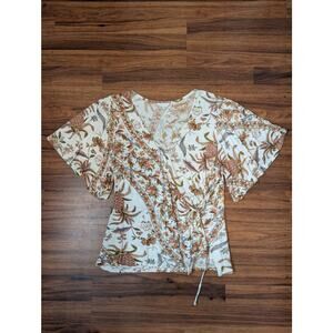 Lucky Brand Cream Floral Wrap Top with Rust and Olive Accents